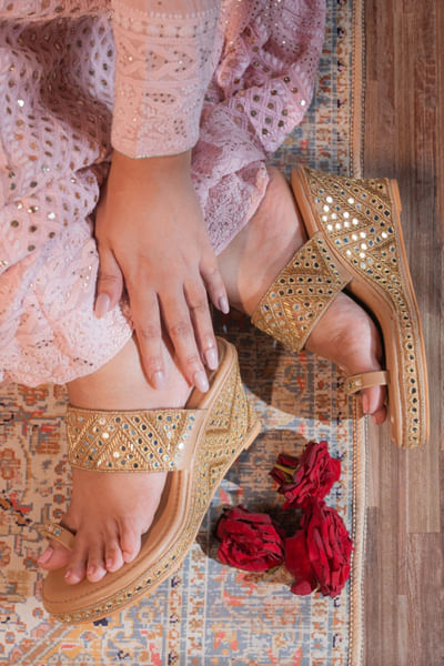 Beige mirror-cutdana embroidered wedge heels