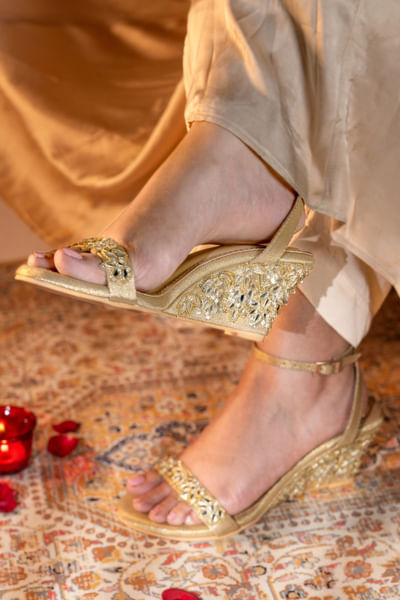 Gold floral hand embroidered wedge heels