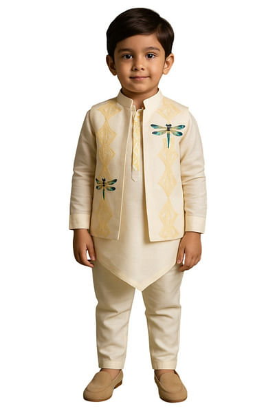 Off white embroidered Nehru jacket kurta set