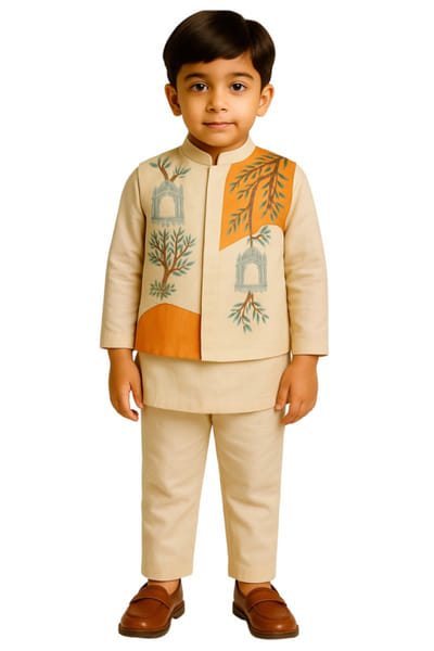 Cream and orange Nehru jacket kurta set