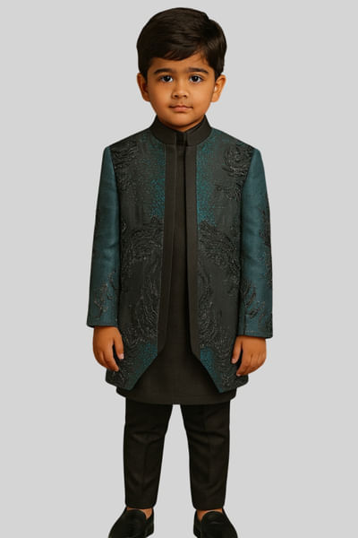Teal and black embroidered jacket kurta set