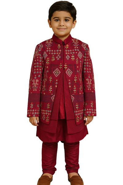 Red embroidered bandhgala kurta set