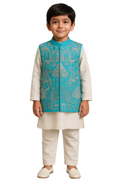 Sky blue embroidered Nehru jacket kurta set
