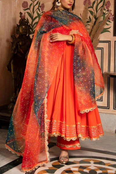 Fiery orange bandhani angrakha set