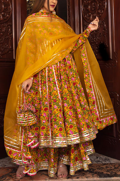 Mustard embellished anarkali set