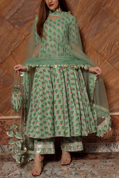 Green handblock printed anarkali set