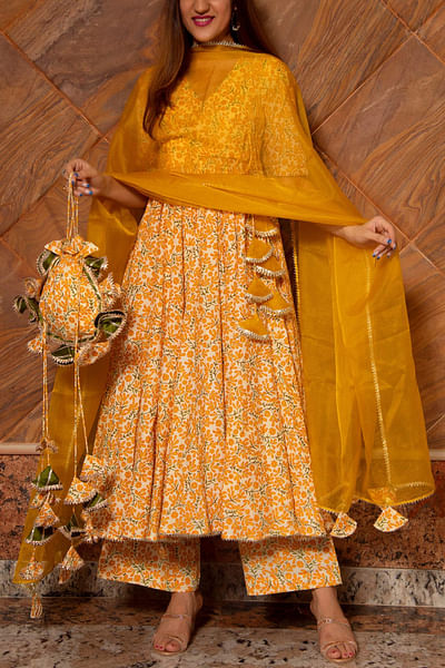 Yellow printed angrakha set
