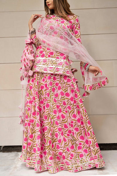 Pink block printed kurta lehenga set