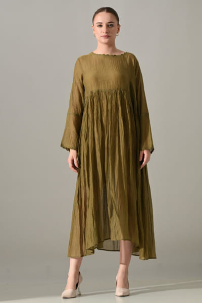 Olive textured gathered dress