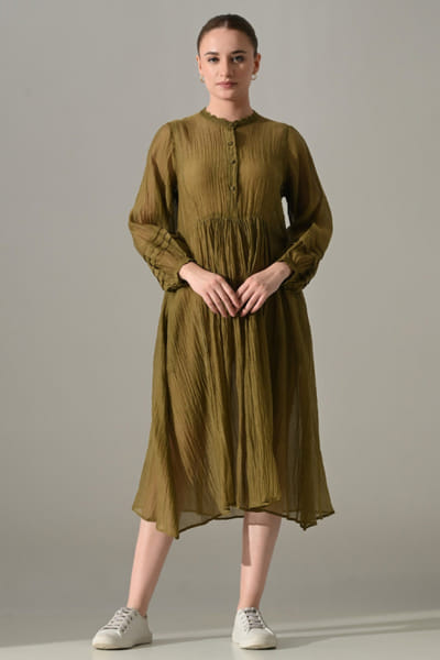 Olive gathered cotton silk dress