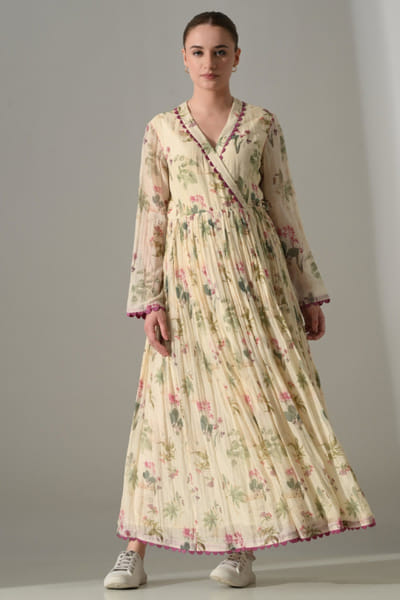 Cream floral printed wrap dress