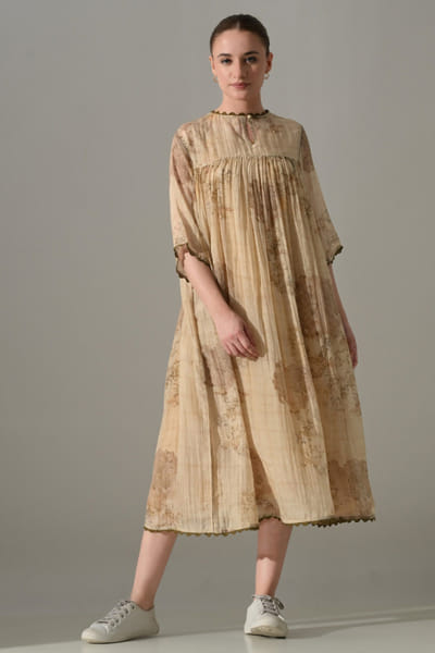 Beige floral motif midi dress