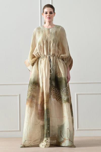 Beige printed pintex gathered dress