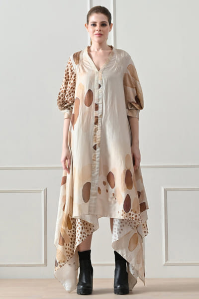 Beige printed cotton linen dress
