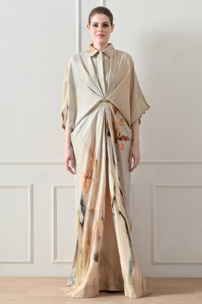 Beige motif printed drape dress