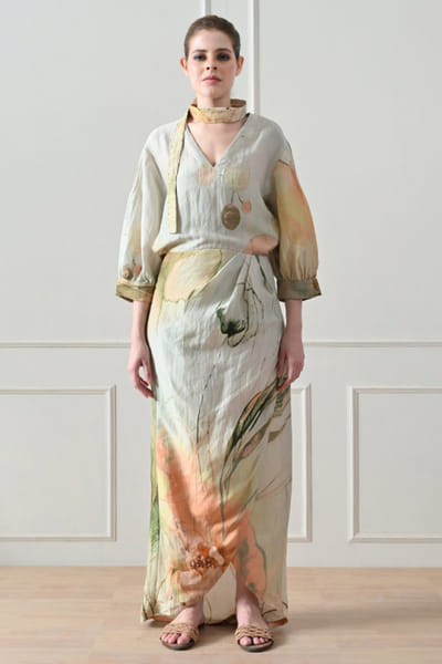 Beige floral printed overlay drape dress