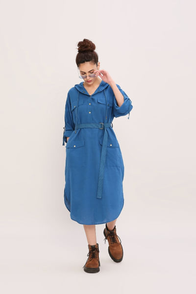 Blue hooded and belted safari dress
