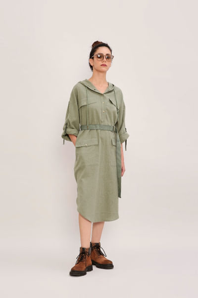 Green hooded and belted safari dress