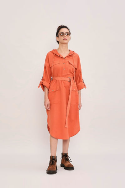Rust hooded and belted safari dress