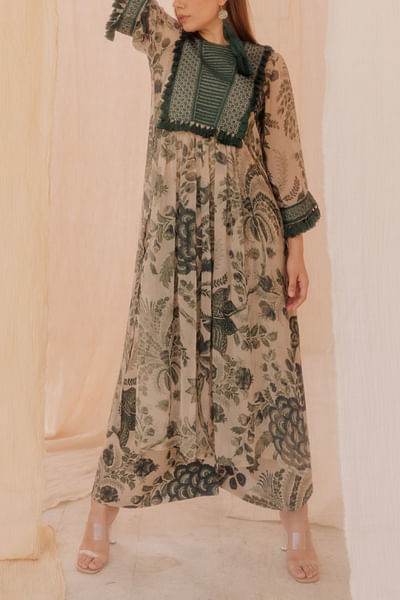 Green printed chiffon dress and pants