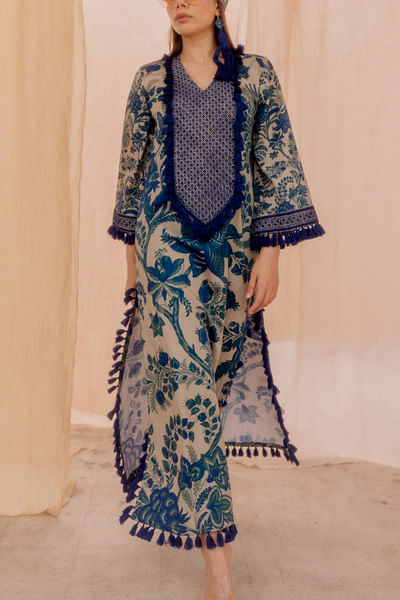 Blue printed kaftan kurta