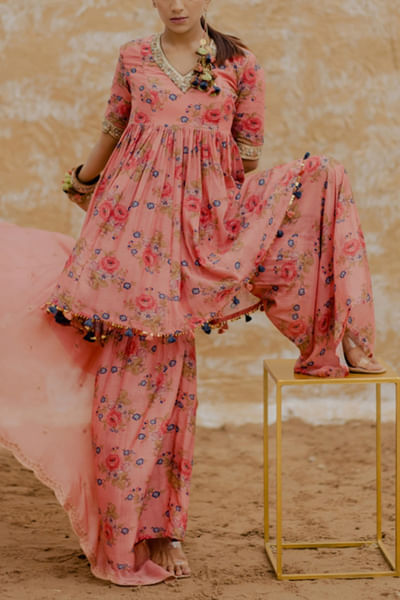 Pink short anarkali and sharara set