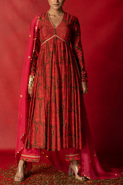 Olive green printed anarkali set