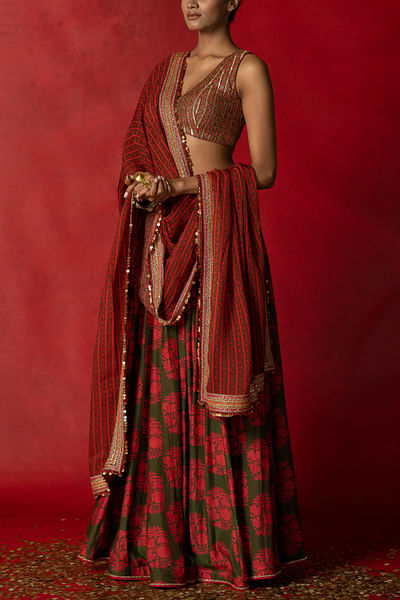 Printed and embroidered lehenga set