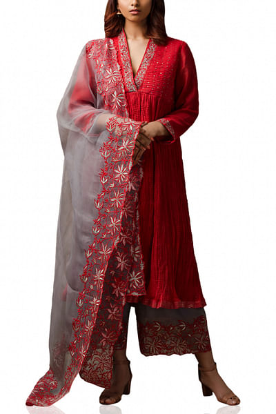 Red embroidered chanderi kurta set