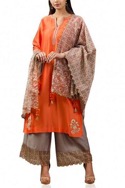 Orange embroidered chanderi kurta set