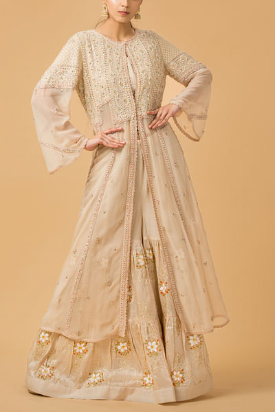 Beige handpainted gharara and embroidered jacket