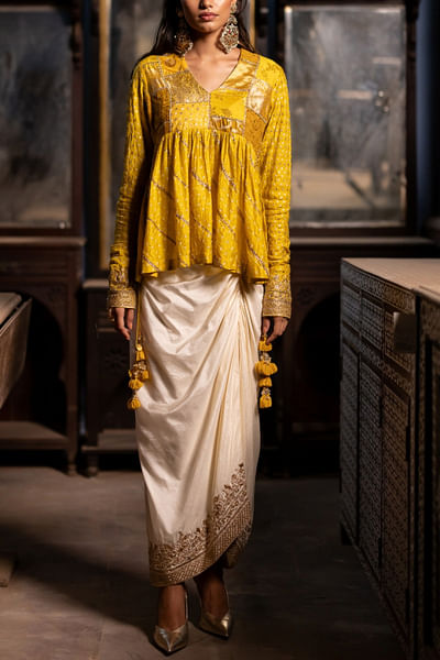 Mustard bandhani peplum and dhoti skirt
