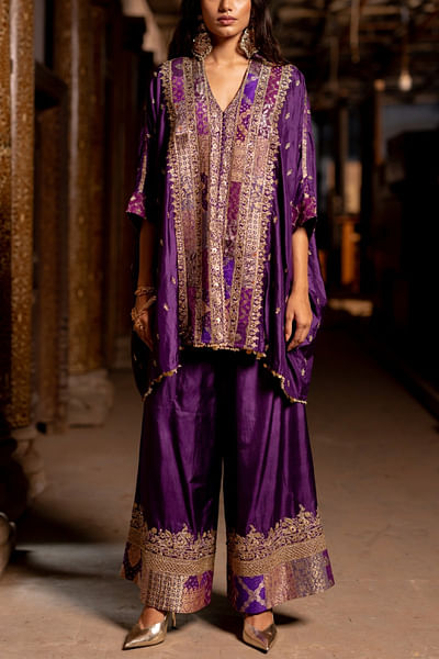 Purple aari embroidered short kaftan set