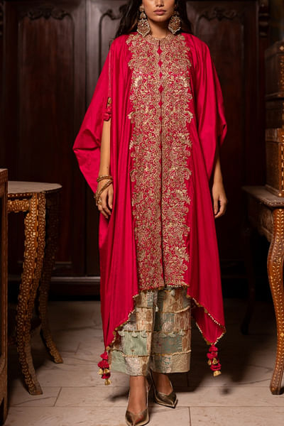 Pink aari embroidered cowl kaftan set