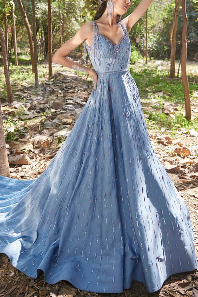 Blue embellished satin gown