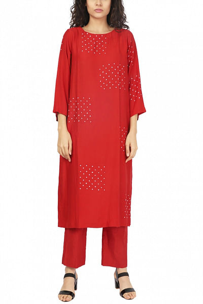 Red cotton silk kurta set