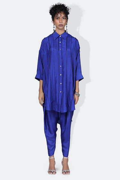 Electric blue linear bead embroidered shirt