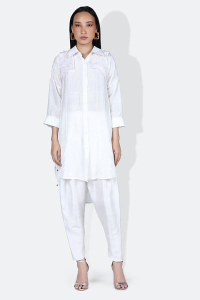White linear bead embroidered shirt