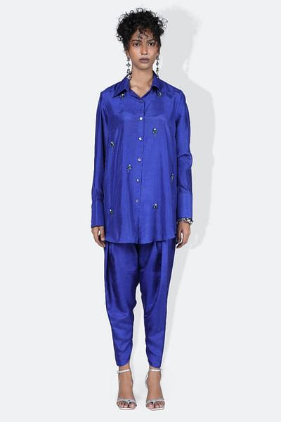 Electric blue rhinestone embroidered shirt