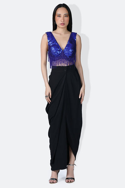 Electric blue sequinned tasselled blouse
