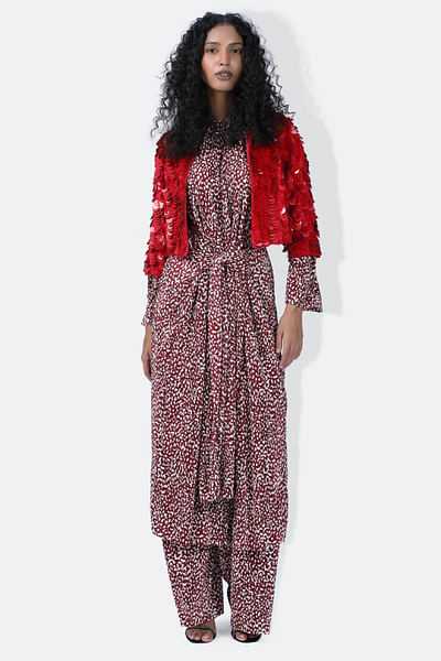 Red sequin embroidered oversized jacket