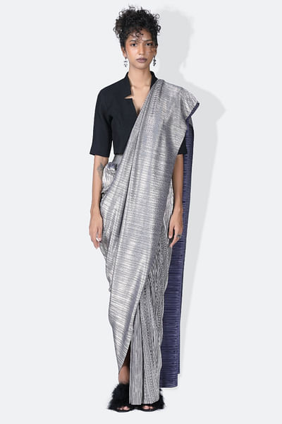 Champagne metallic pleated draped sari