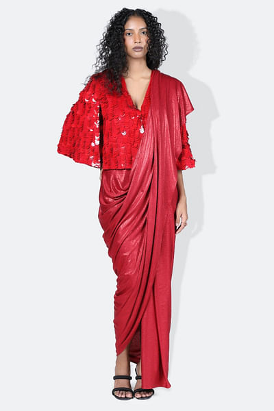 Electric blue metallic wave pleated draped sari