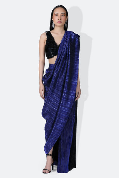 Black metallic wave pleated draped sari