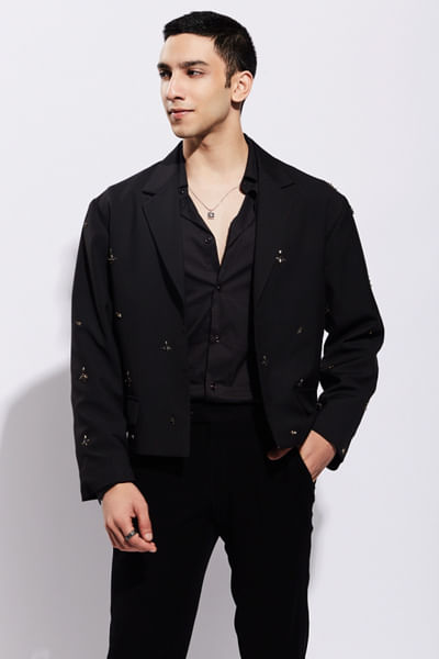 Black motif embellished cropped jacket