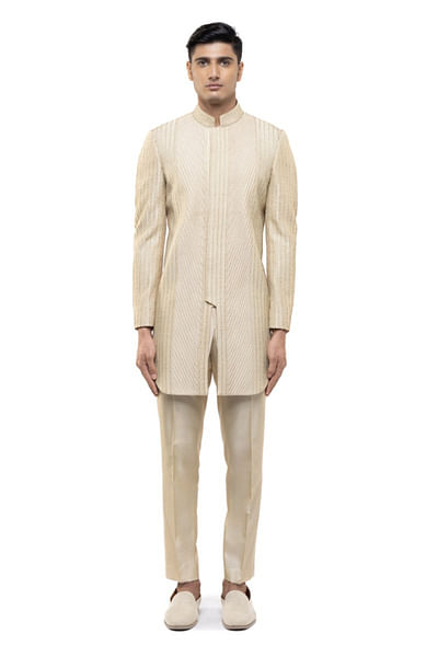 Beige pintuck embroidered sherwani set