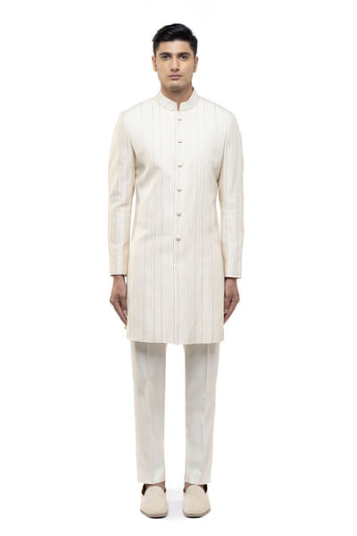 Off-white pleated sherwani set