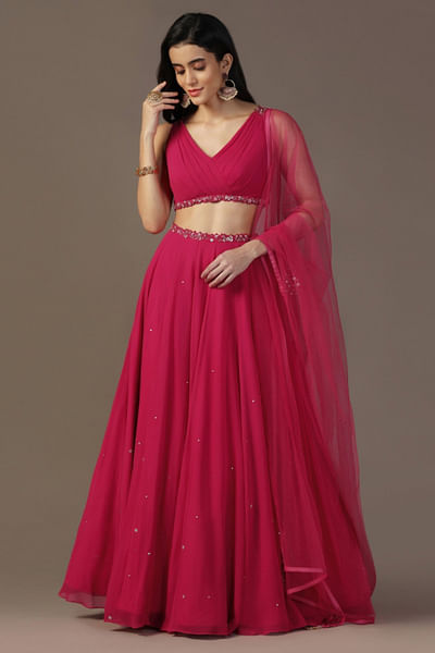 Bright pink floral bead embroidery lehenga set