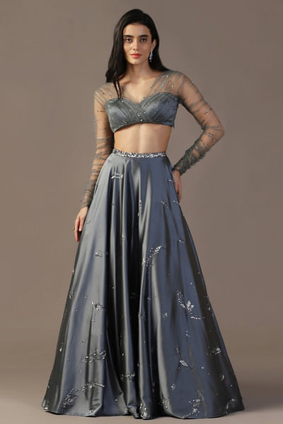 Grey abstract sequin embroidered lehenga set