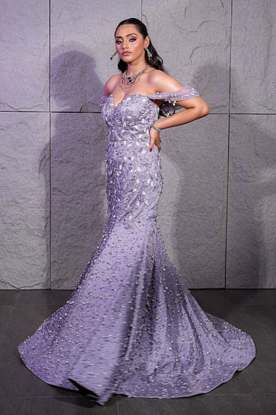Lilac floral and leaf embroidered mermaid gown